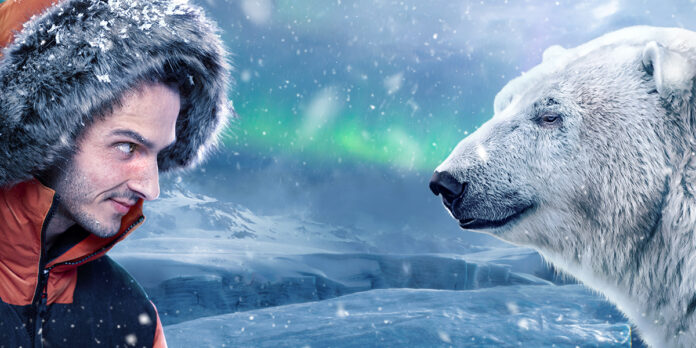 Huge high glaciers in winter natural conditions, the sea in ice, snow and blizzards. Arctic winter snowy landscape. 3D Rendering
